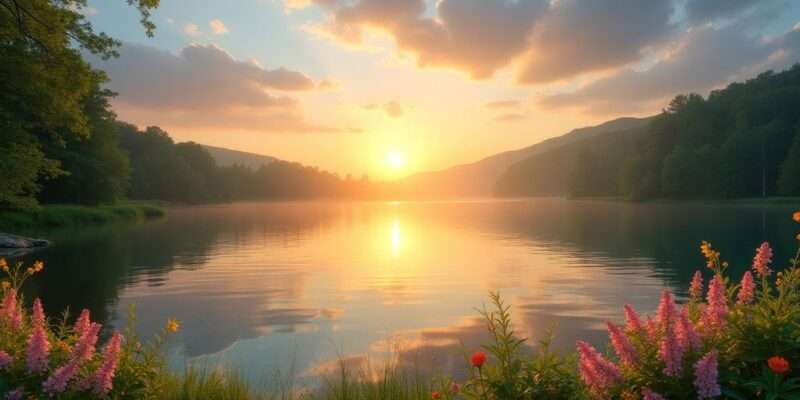 A serene, glassy lake, its surface undisturbed, reflecting the brilliant blue of a cloudless sky, surrounded by lush, vibrant greenery that dips down to the water's edge, creating a peaceful and tranquil scene.